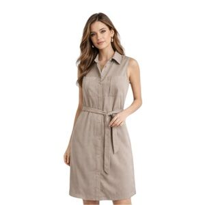 Prologue Shirt Dress Sleeveless Beige Tie Waist Button Front XS